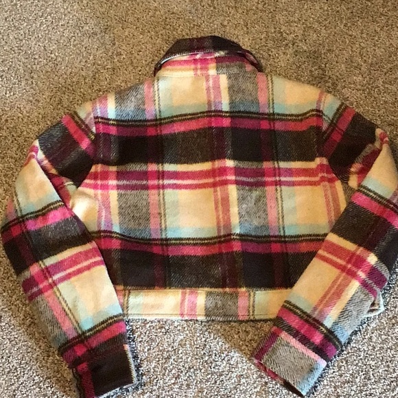 Wild Fable Medium Plaid Cropped Coat Boho Brown Pink Button Up - Picture 5 of 5